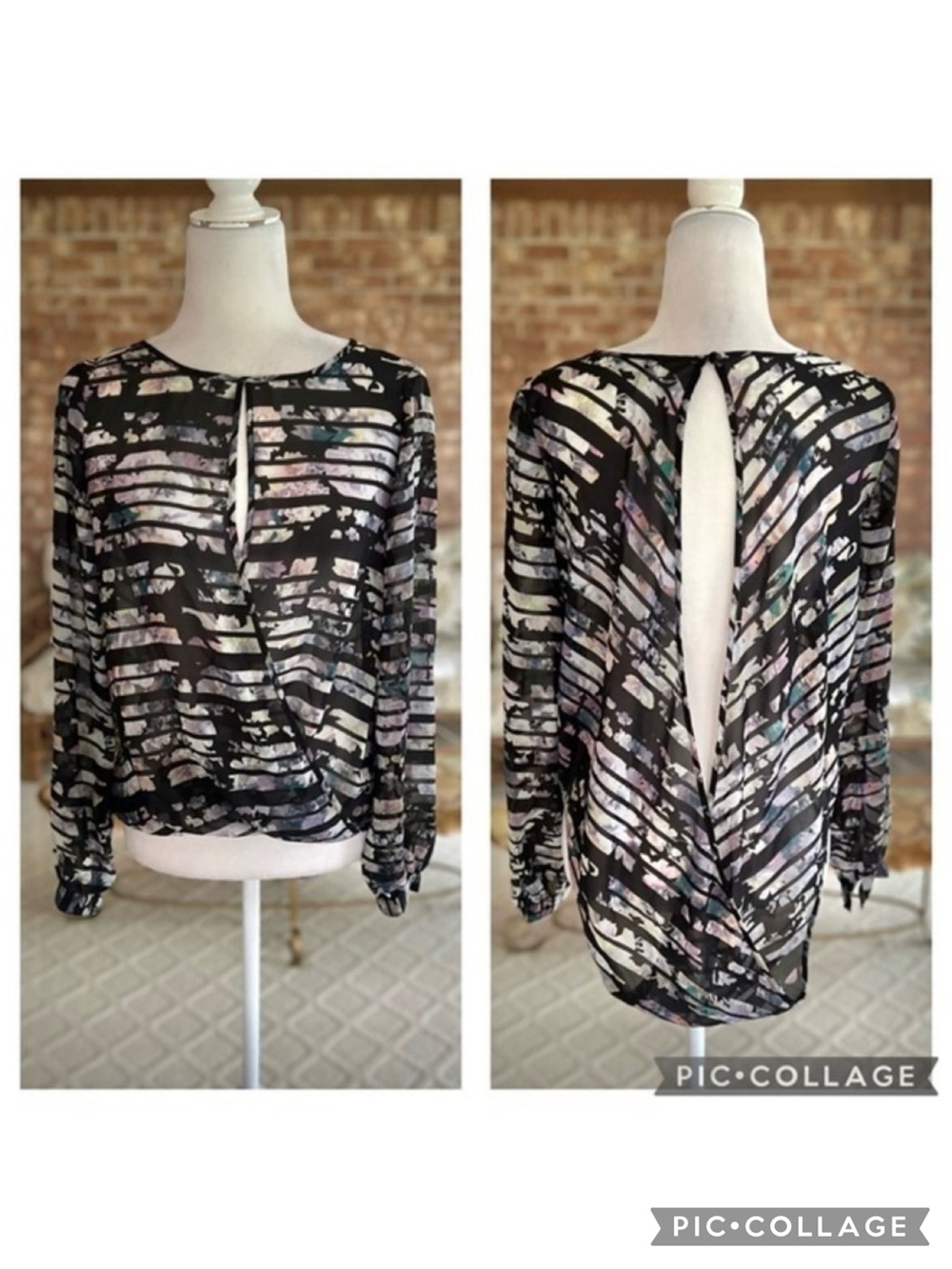 Bar III Black Floral High Low Open Striped Top S Cocktail Edgy Boho